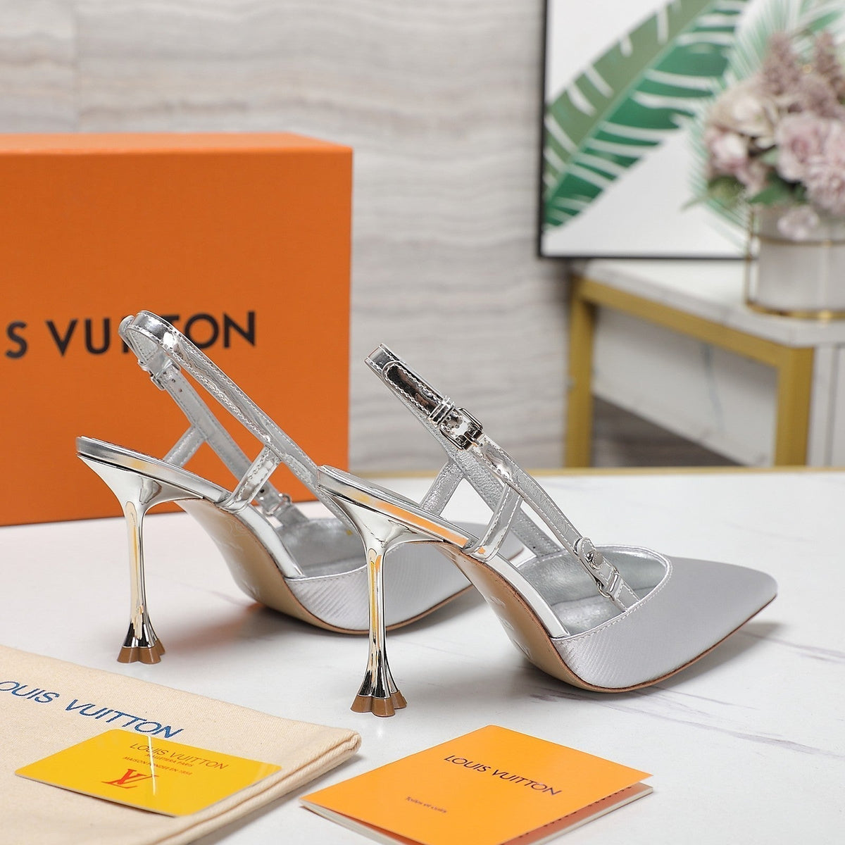 LV WOMEN BLOSSOM SLINGBACK PUMP IN SILVER EMBROIDERED FABRIC