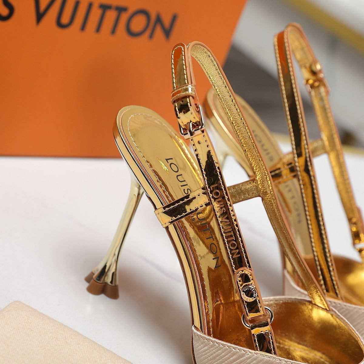 LV WOMEN BLOSSOM SLINGBACK PUMP IN GOLDEN EMBROIDERED FABRIC