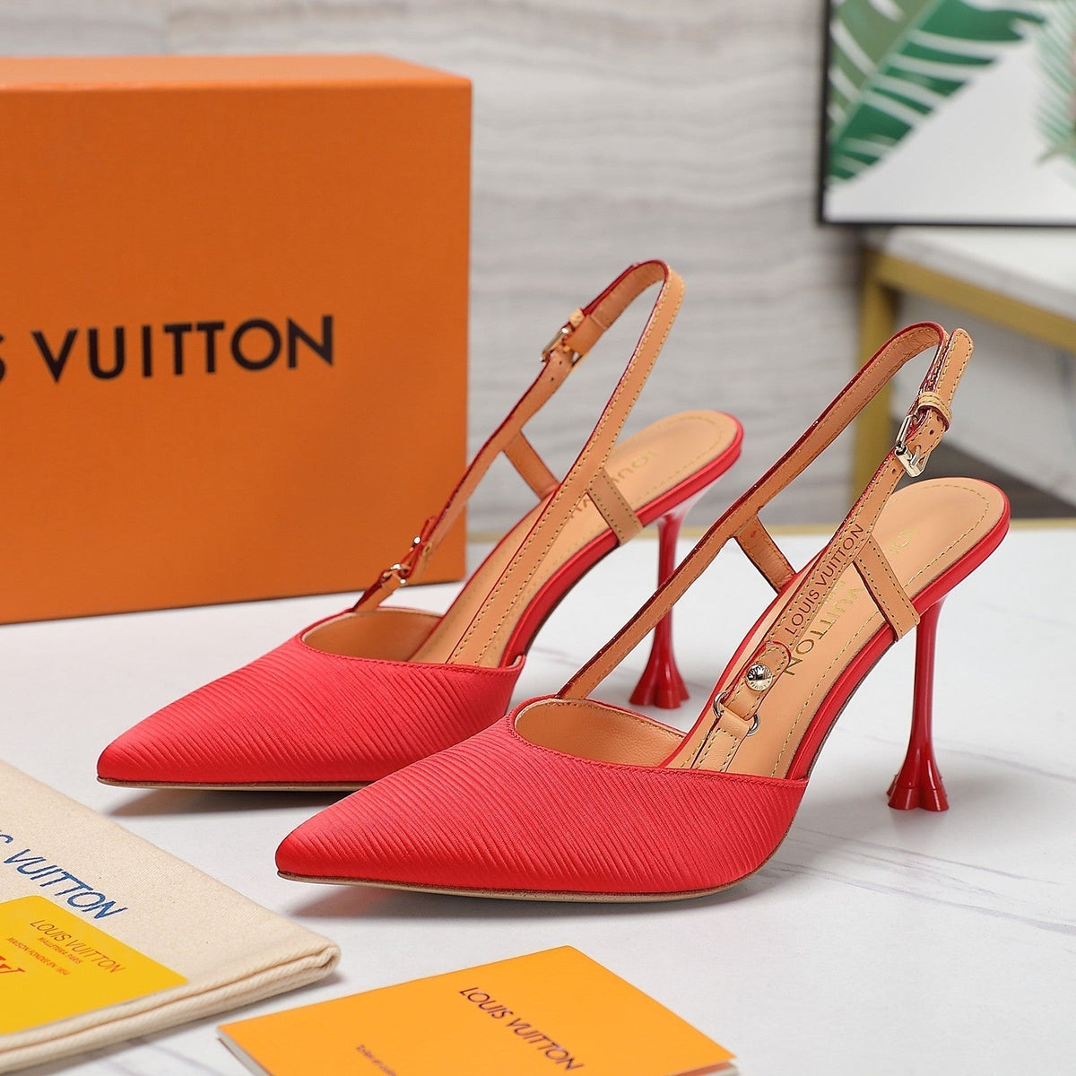 LV WOMEN BLOSSOM SLINGBACK PUMP IN CHERRY RED EMBROIDERED FABRIC
