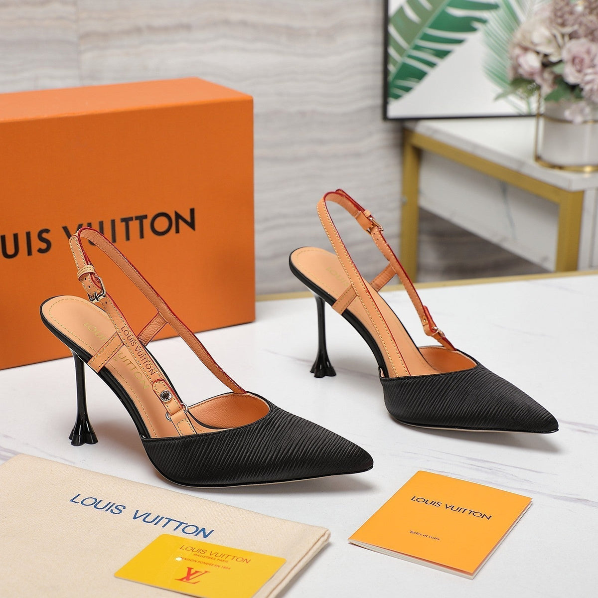 LV WOMEN BLOSSOM SLINGBACK PUMP IN BLACK EMBROIDERED FABRIC
