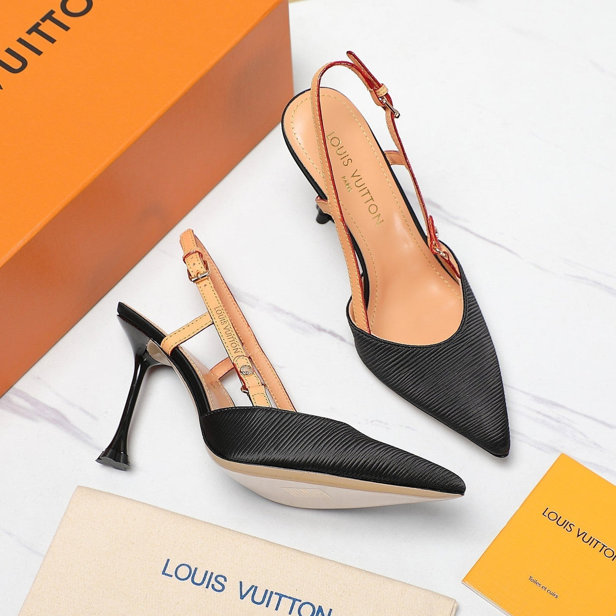 LV WOMEN BLOSSOM SLINGBACK PUMP IN BLACK EMBROIDERED FABRIC