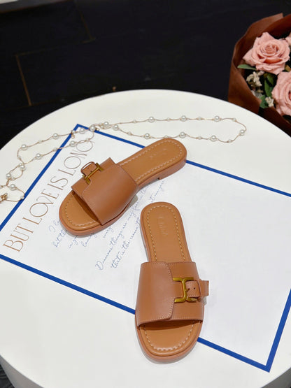 MARCIE SLIDE IN BRONZE BROWN CALFSKIN WITH GOLD HARDWARE