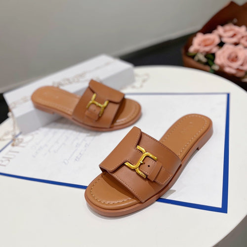 MARCIE SLIDE IN BRONZE BROWN CALFSKIN WITH GOLD HARDWARE