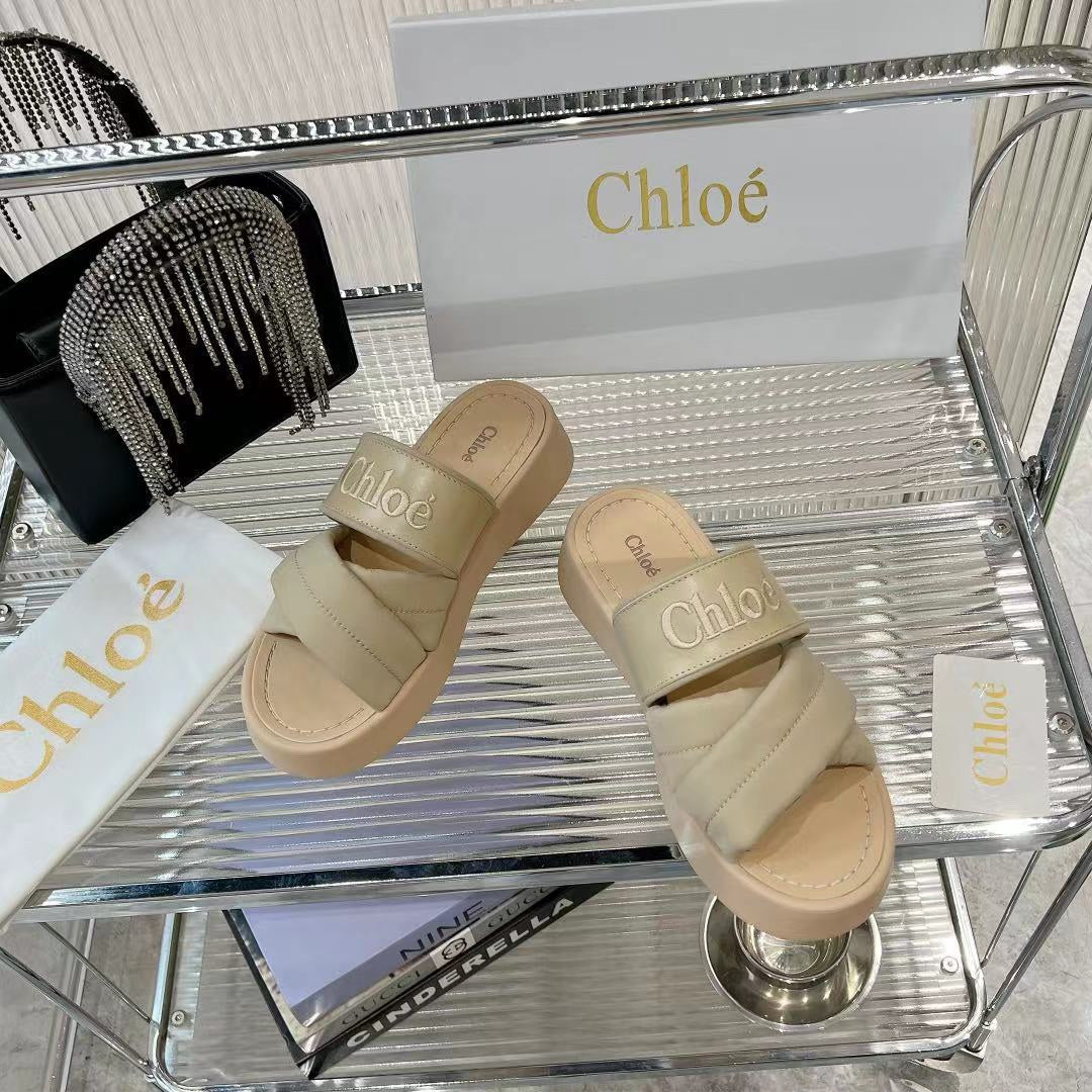 MILA FLAT SLIDES 5 CM IN BEIGE EICRU CALFSKIN AND RE-NYLON