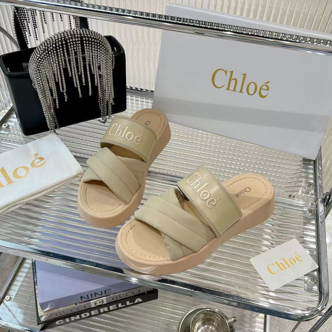 MILA FLAT SLIDES 5 CM IN BEIGE EICRU CALFSKIN AND RE-NYLON