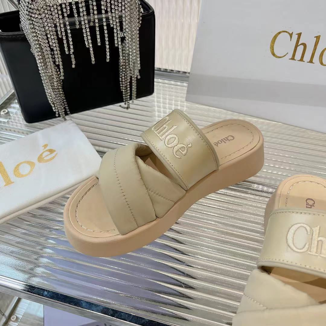 MILA FLAT SLIDES 5 CM IN BEIGE EICRU CALFSKIN AND RE-NYLON