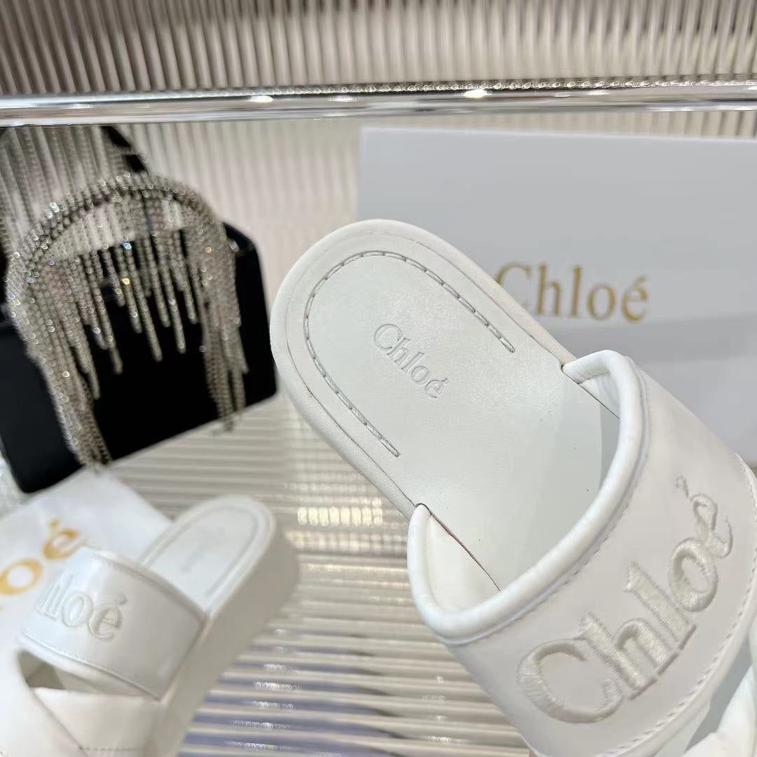 MILA FLAT SLIDES 5 CM IN WHITE CALFSKIN AND RE-NYLON