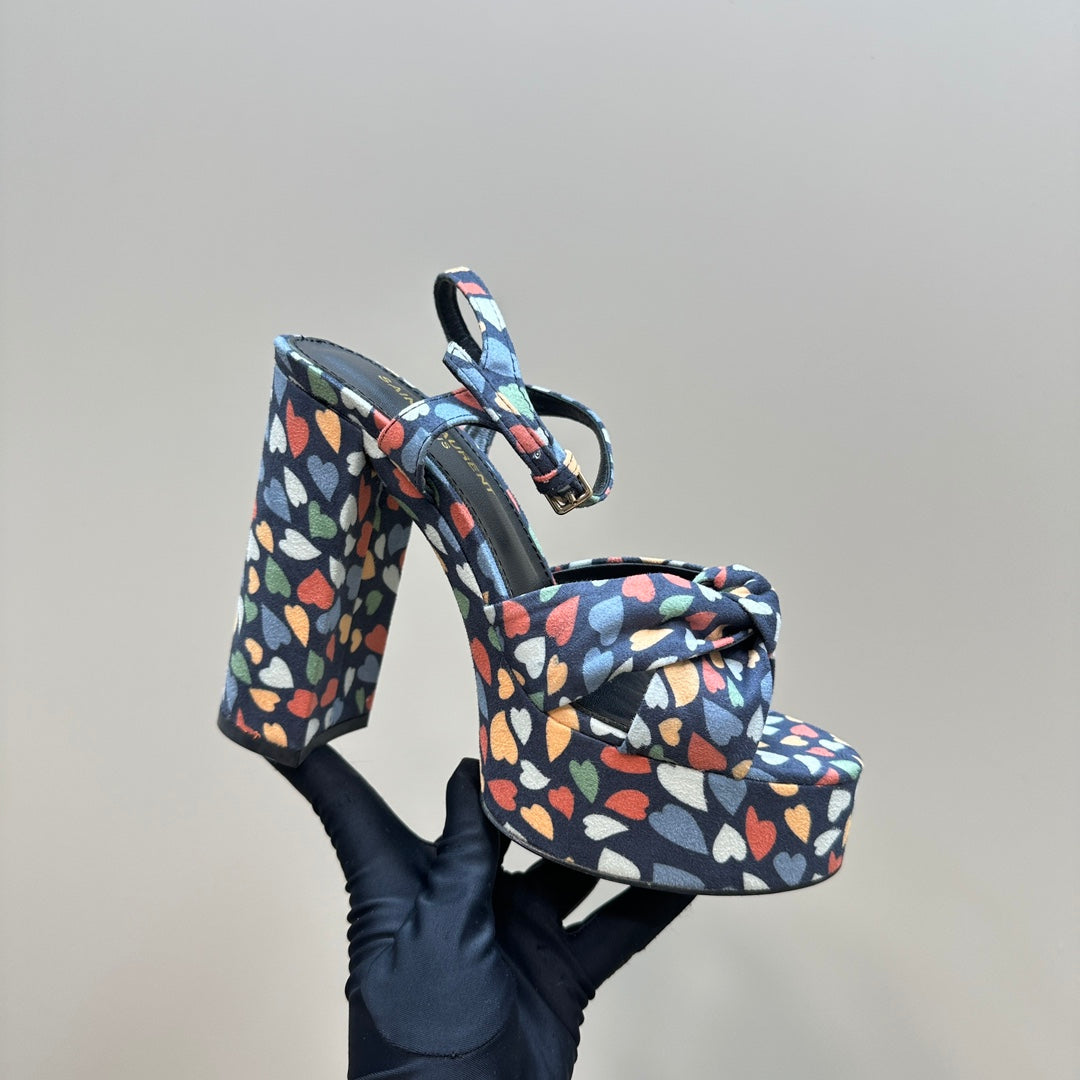 BIANCA PLATFORM SANDALS IN COLORFUL HEARTS PRINT VELVET