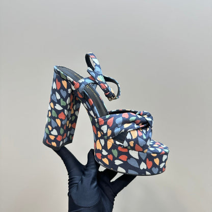 BIANCA PLATFORM SANDALS IN COLORFUL HEARTS PRINT VELVET
