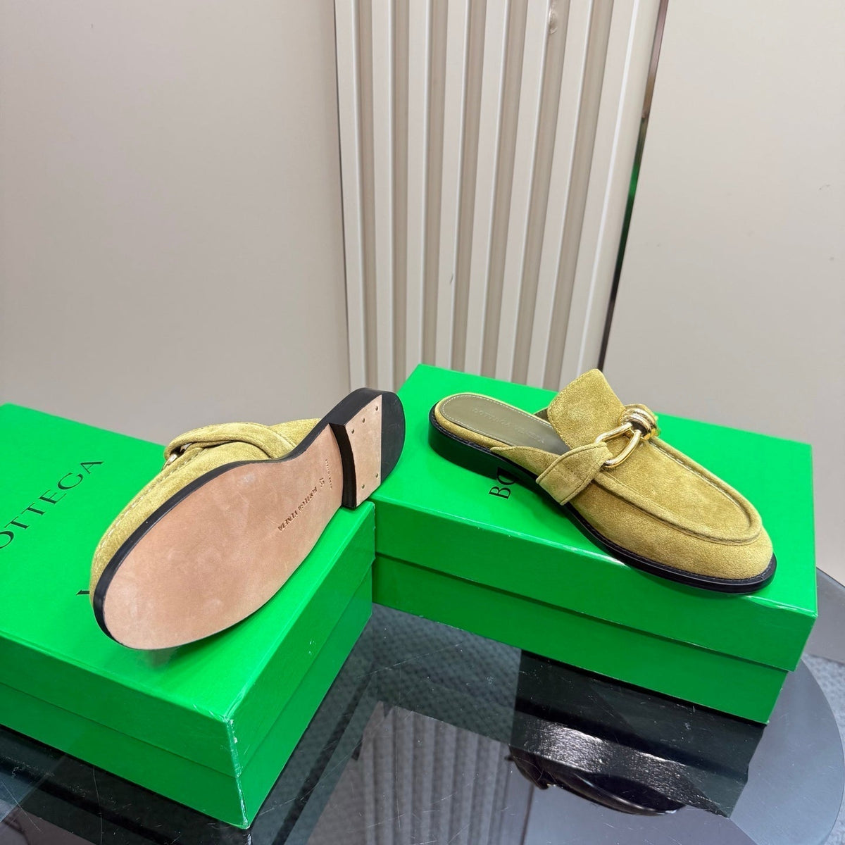 ASTAIRE MULE IN OLIVE GREEN SUEDE WITH GOLD HARDWARE