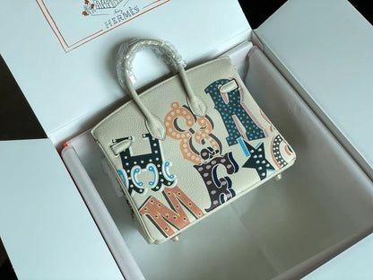 BIRKIN 25 BAG IN WHITE CREAM CALFSKIN WITH COLORFUL STICKER