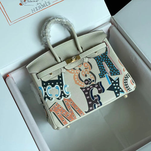 BIRKIN 25 BAG IN WHITE CREAM CALFSKIN WITH COLORFUL STICKER