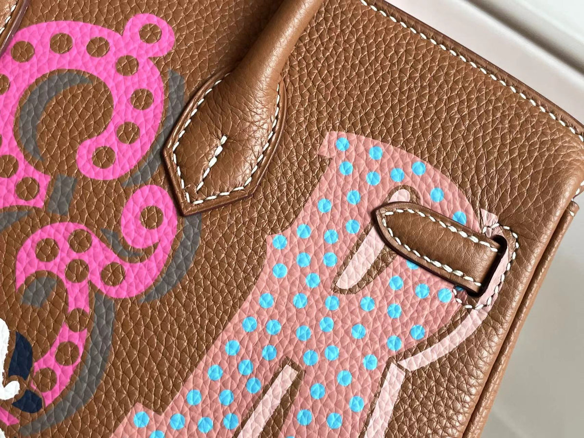 BIRKIN 25 BAG IN CHOCOLATE BROWN CALFSKIN WITH COLORFUL STICKER