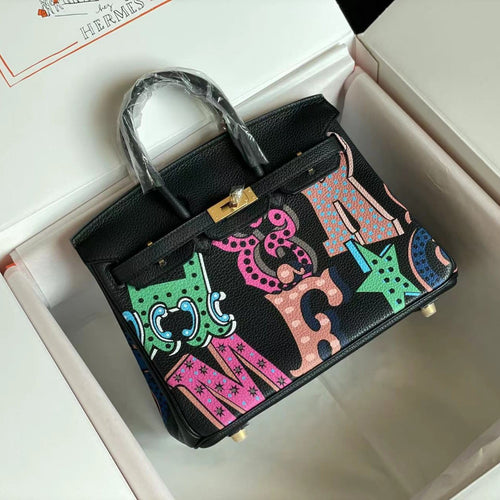 BIRKIN 25 BAG IN BLACK CALFSKIN WITH COLORFUL STICKER