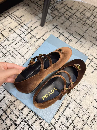 MARY JANE FLAT WITH TRIANGLE LOGO IN RUSSET BROWN VELVET