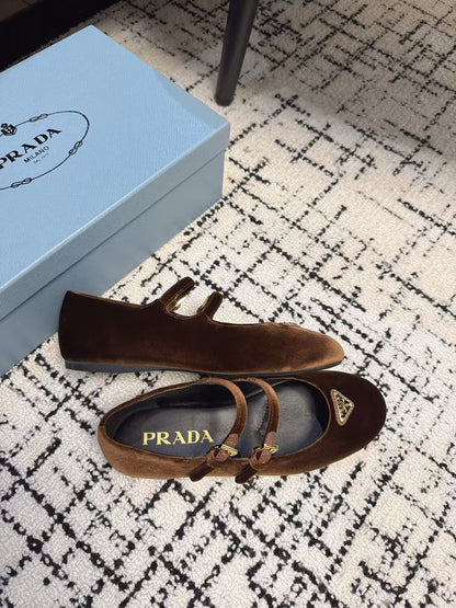 MARY JANE FLAT WITH TRIANGLE LOGO IN RUSSET BROWN VELVET