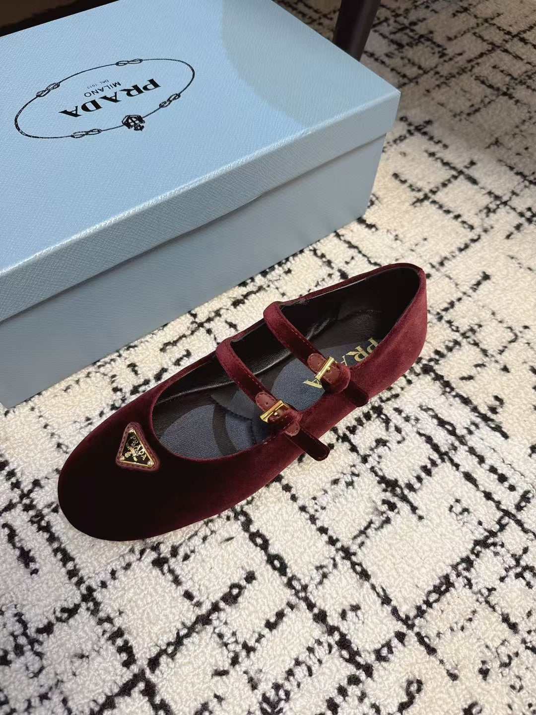 MARY JANE FLAT WITH TRIANGLE LOGO IN SANGRIA RED VELVET