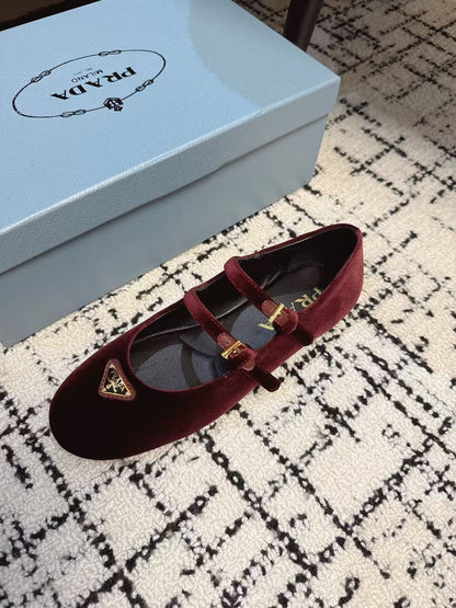 MARY JANE FLAT WITH TRIANGLE LOGO IN SANGRIA RED VELVET