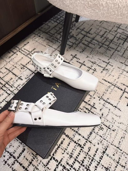 BIKER BALLET FLATS IN WHITE CALFSKIN