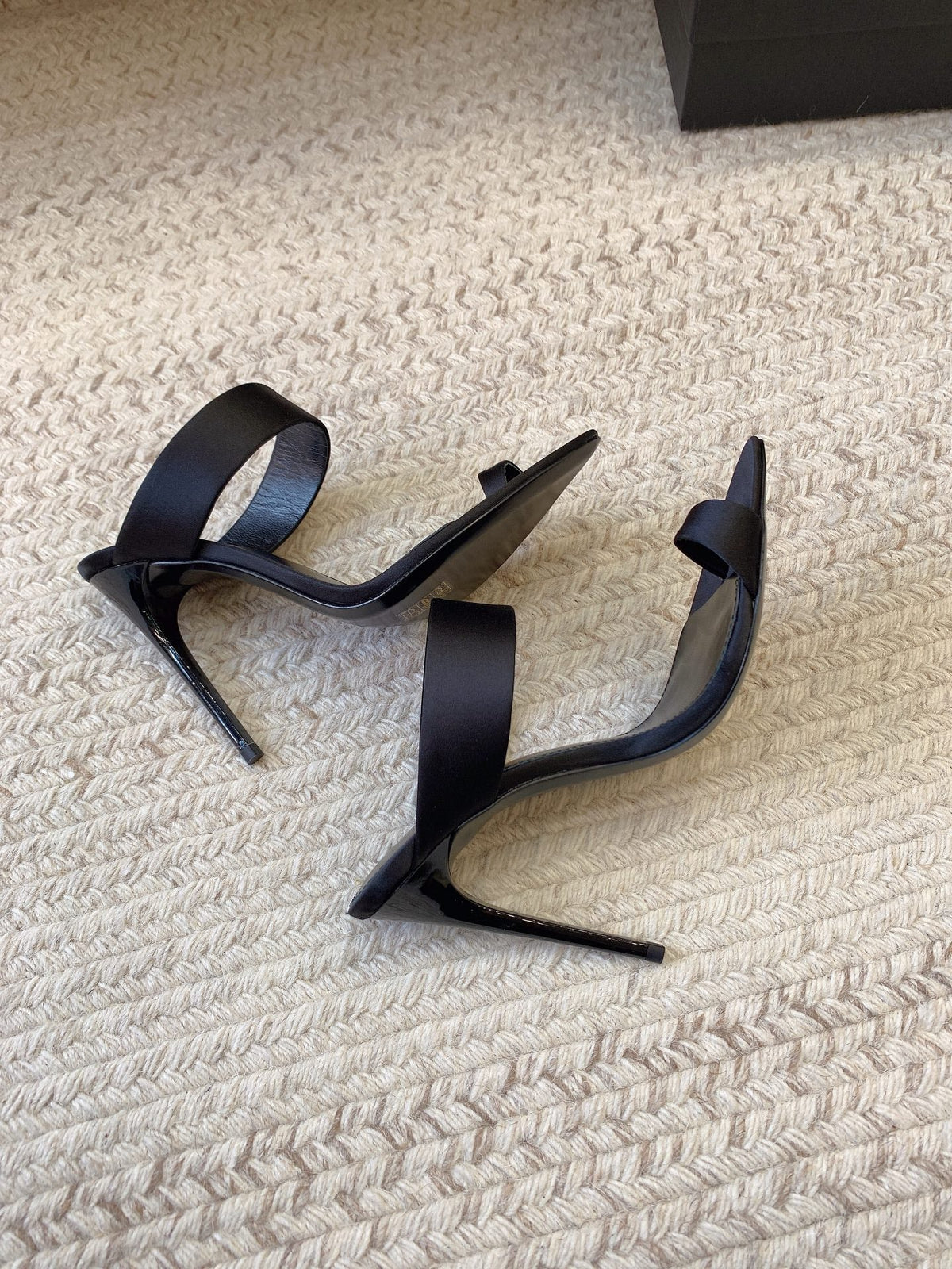 MARTHA POINTED OPEN-TOE HIGH MULES IN BLACK SILK