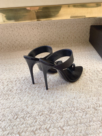 MARTHA POINTED OPEN-TOE HIGH MULES IN BLACK SILK