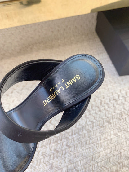 MARTHA POINTED OPEN-TOE HIGH MULES IN BLACK SILK