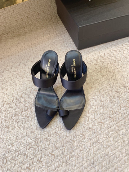 MARTHA POINTED OPEN-TOE HIGH MULES IN BLACK SILK