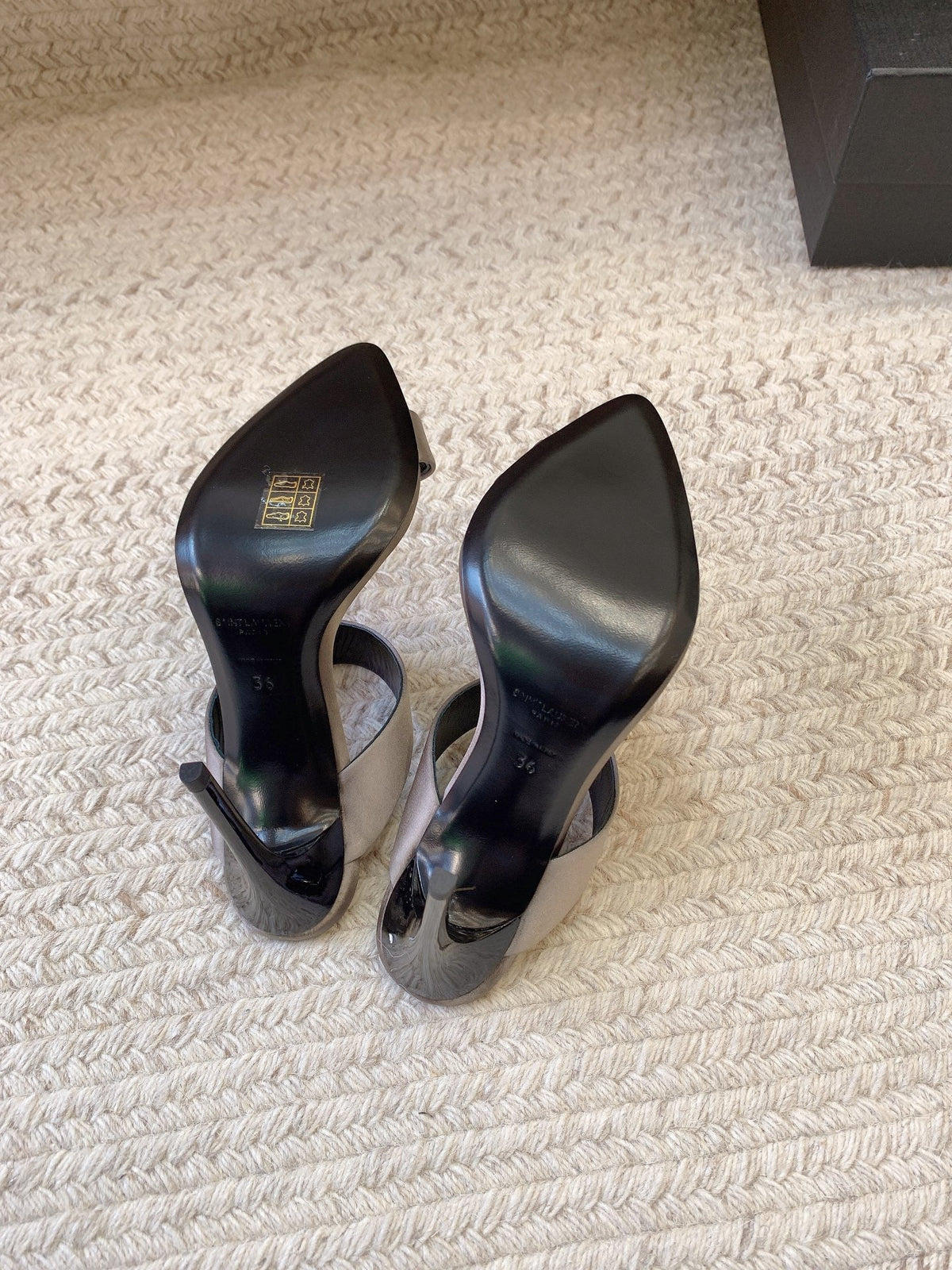 MARTHA POINTED OPEN-TOE HIGH MULES IN GRAY SILK