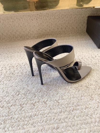 MARTHA POINTED OPEN-TOE HIGH MULES IN GRAY SILK