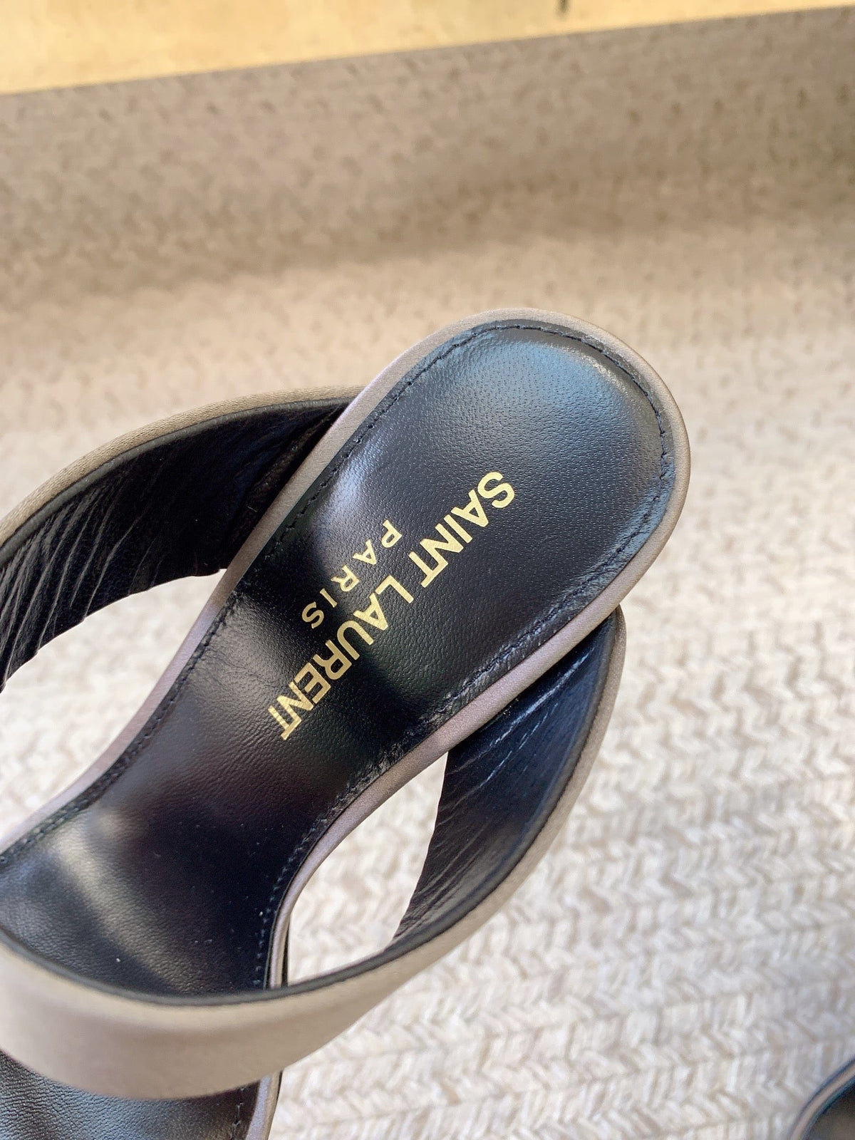 MARTHA POINTED OPEN-TOE HIGH MULES IN GRAY SILK