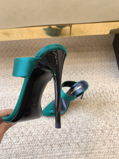 MARTHA POINTED OPEN-TOE HIGH MULES IN TEAL GREEN SILK
