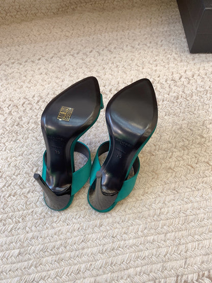 MARTHA POINTED OPEN-TOE HIGH MULES IN TEAL GREEN SILK