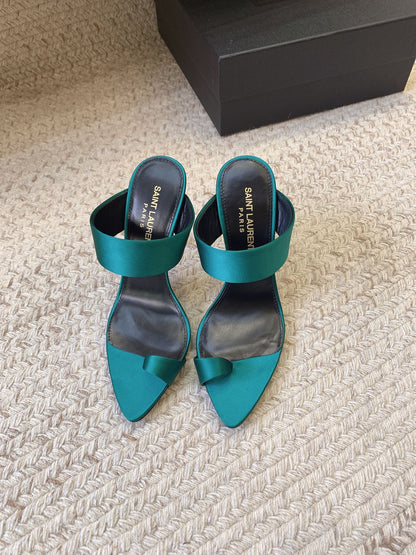 MARTHA POINTED OPEN-TOE HIGH MULES IN TEAL GREEN SILK