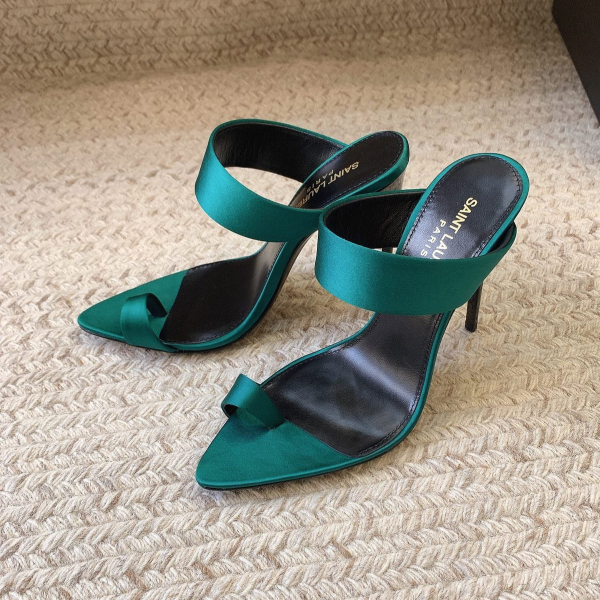 MARTHA POINTED OPEN-TOE HIGH MULES IN TEAL GREEN SILK