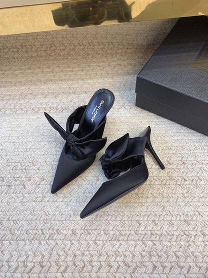 BARBARA BIG BOW MULES IN BLACK SILK