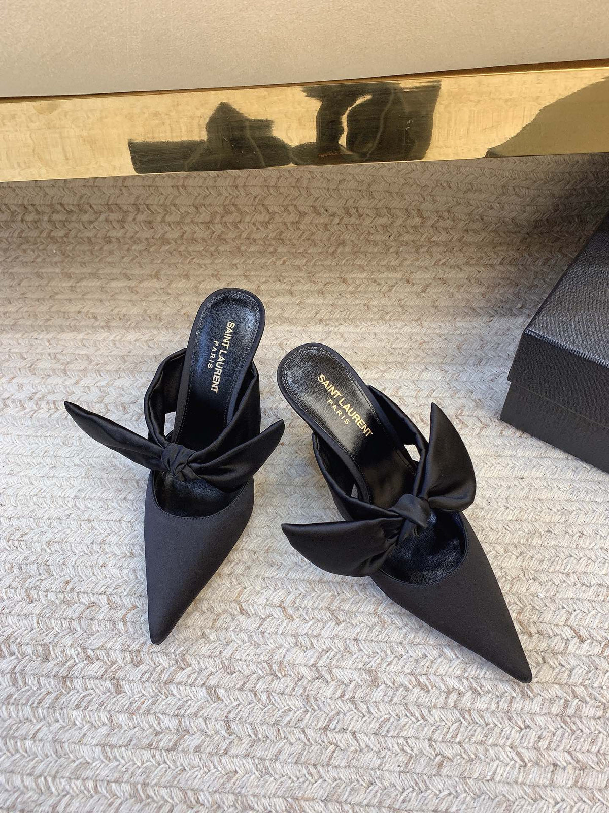 BARBARA BIG BOW MULES IN BLACK SILK