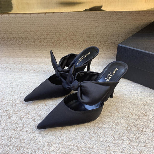 BARBARA BIG BOW MULES IN BLACK SILK