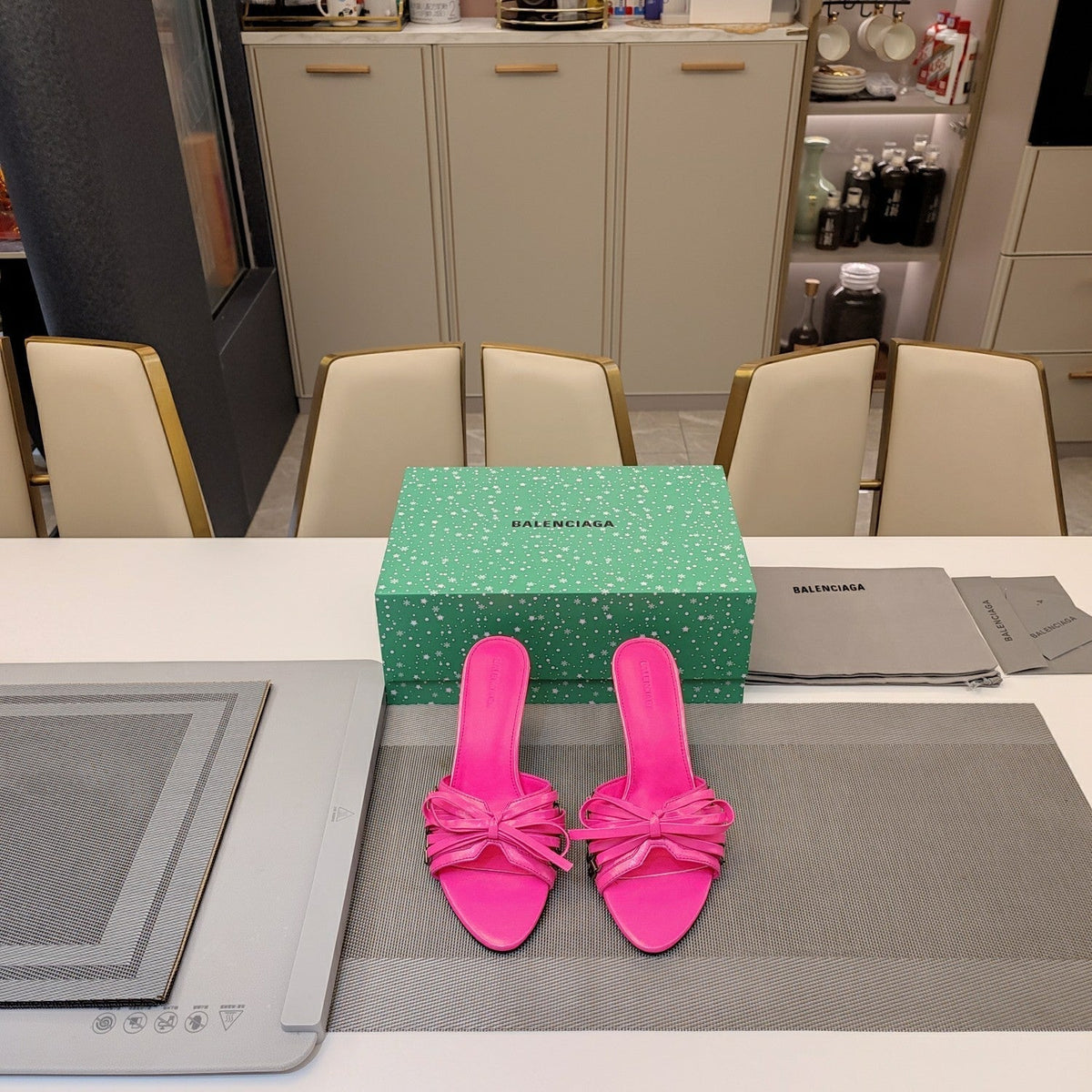 BOW-EMBELLISHED HIGH MULES IN HOT PINK SHEEPSKIN