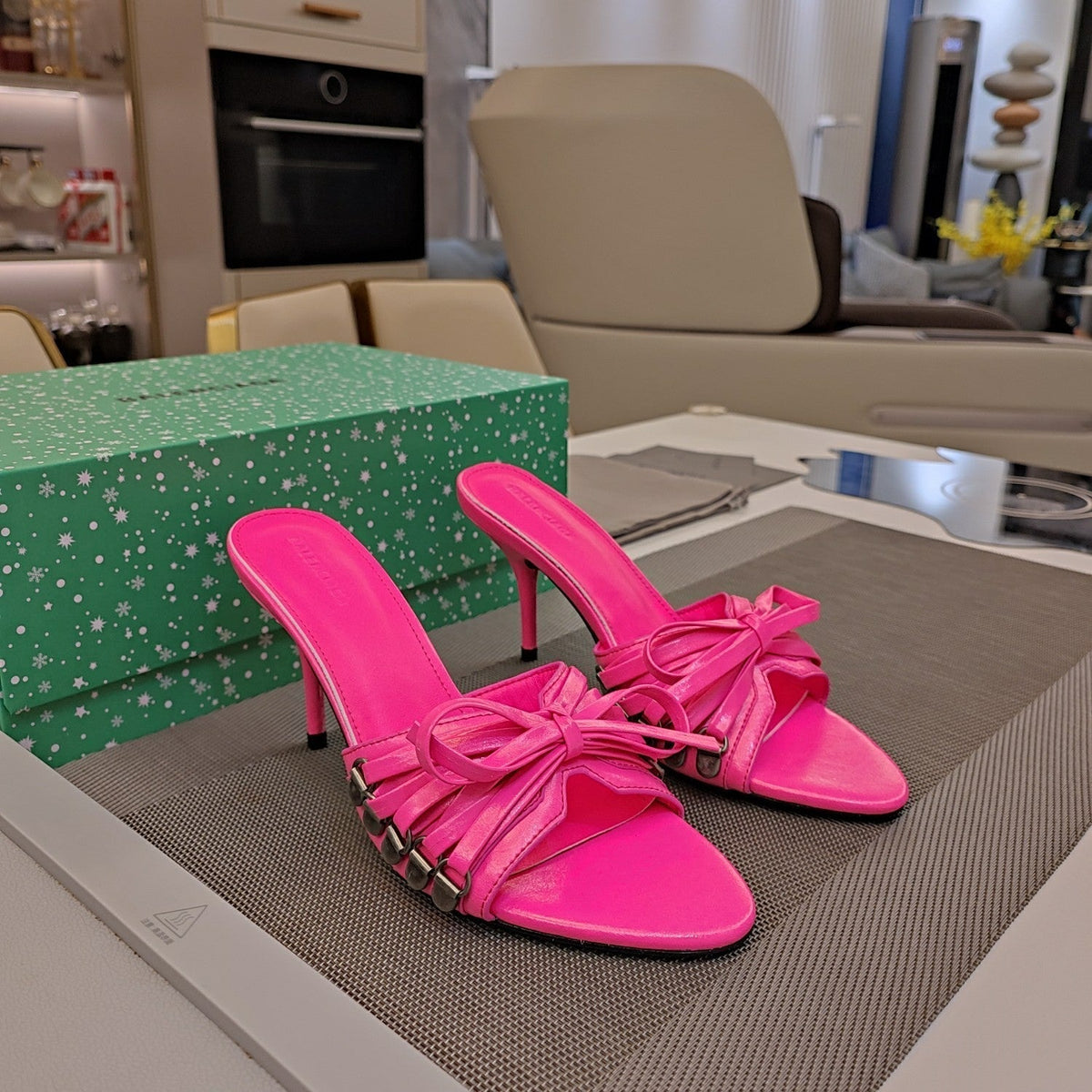 BOW-EMBELLISHED HIGH MULES IN HOT PINK SHEEPSKIN