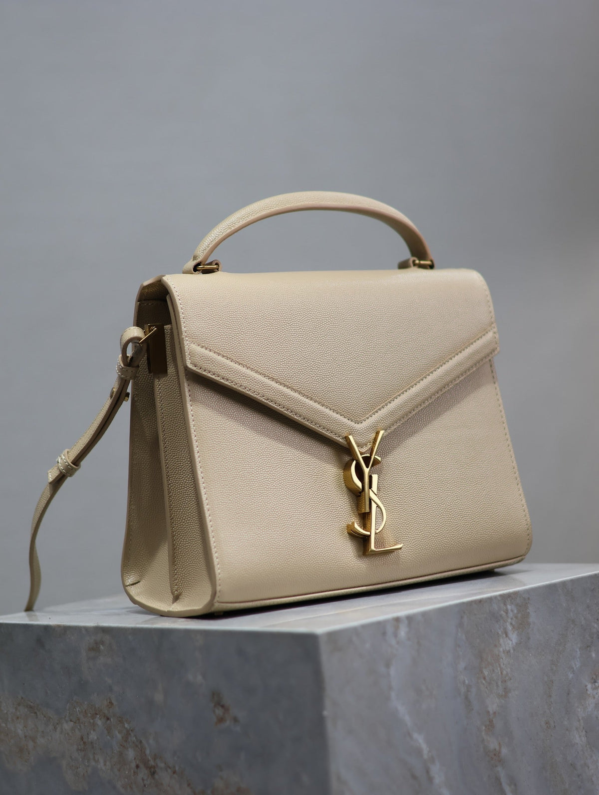 YSL CASSANDRA TOP HANDLE BAG MEDIUM IN BEIGE CALFSKIN GOLD HARDWARE