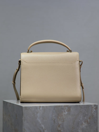 YSL CASSANDRA TOP HANDLE BAG MEDIUM IN BEIGE CALFSKIN GOLD HARDWARE