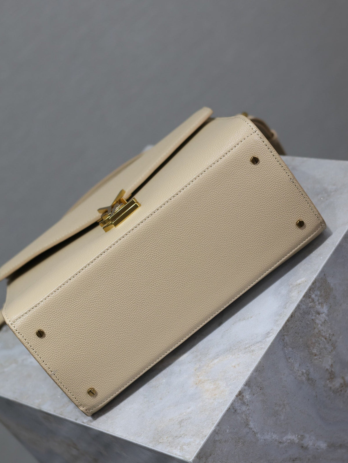 YSL CASSANDRA TOP HANDLE BAG MEDIUM IN BEIGE CALFSKIN GOLD HARDWARE