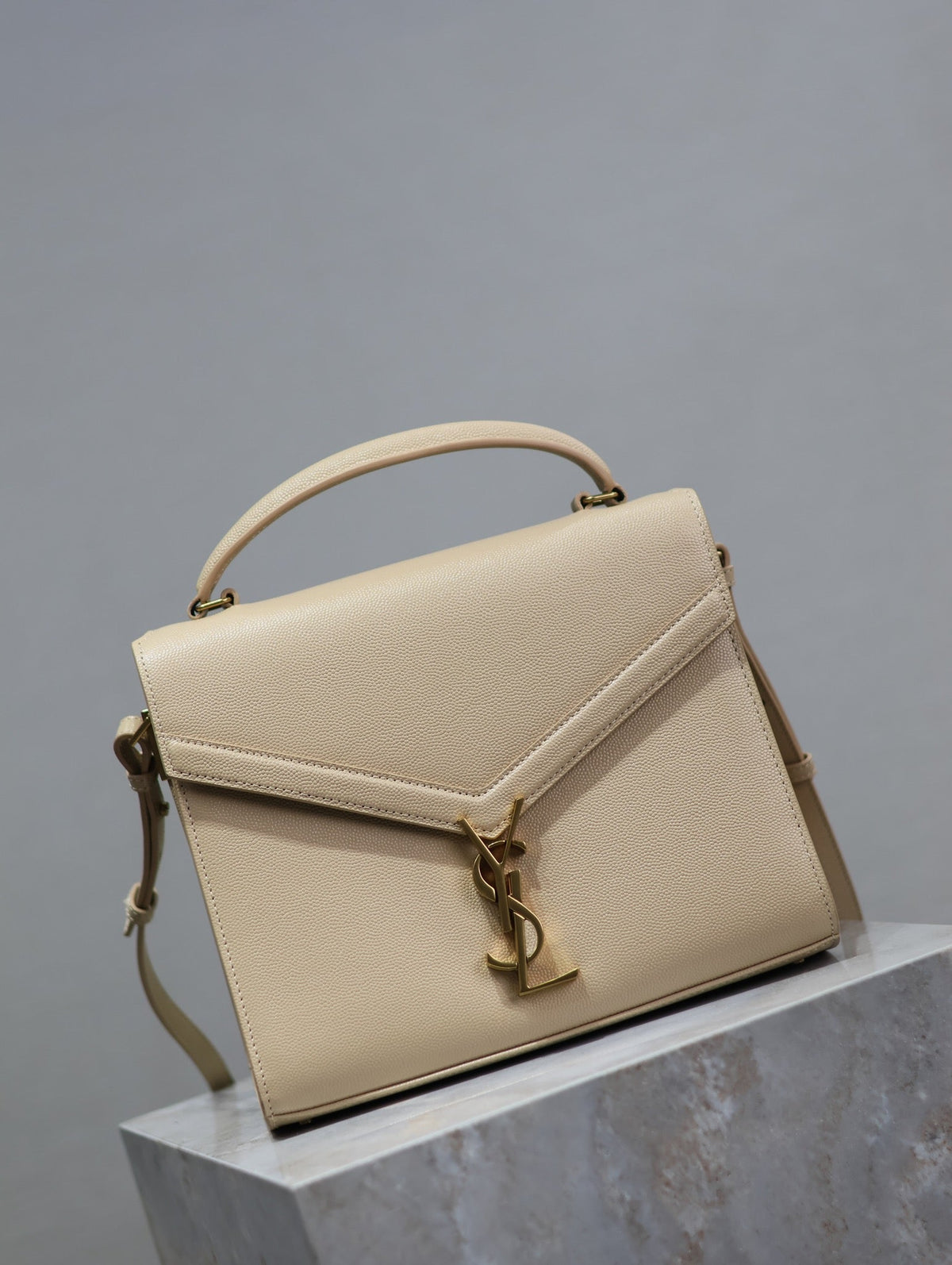 YSL CASSANDRA TOP HANDLE BAG MEDIUM IN BEIGE CALFSKIN GOLD HARDWARE