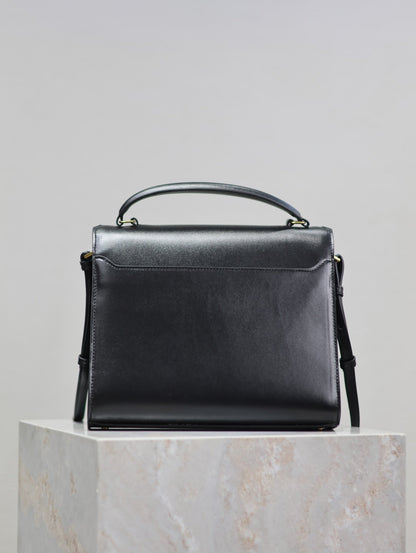 YSL CASSANDRA TOP HANDLE BAG MEDIUM BLACK SMOOTH LAMBSKIN GOLD HARDWARE