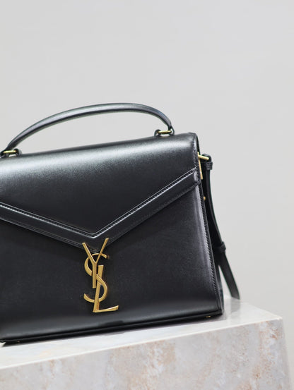 YSL CASSANDRA TOP HANDLE BAG MEDIUM BLACK SMOOTH LAMBSKIN GOLD HARDWARE