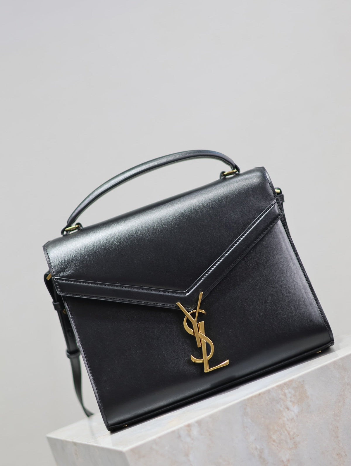 YSL CASSANDRA TOP HANDLE BAG MEDIUM BLACK SMOOTH LAMBSKIN GOLD HARDWARE