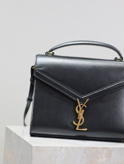 YSL CASSANDRA TOP HANDLE BAG MEDIUM BLACK SMOOTH LAMBSKIN GOLD HARDWARE