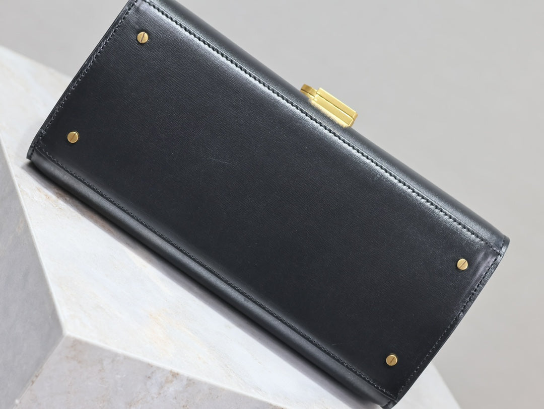YSL CASSANDRA TOP HANDLE BAG MEDIUM BLACK SMOOTH LAMBSKIN GOLD HARDWARE
