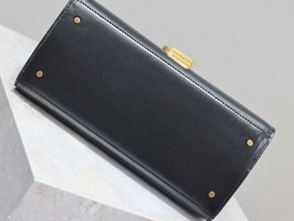 YSL CASSANDRA TOP HANDLE BAG MEDIUM BLACK SMOOTH LAMBSKIN GOLD HARDWARE