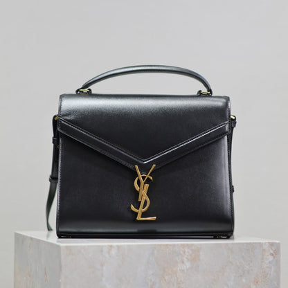 YSL CASSANDRA TOP HANDLE BAG MEDIUM BLACK SMOOTH LAMBSKIN GOLD HARDWARE